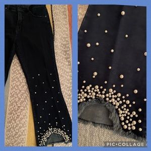 Price ✂️ Dark indigo denim. Shark bite hem with pearl details. Never worn!
